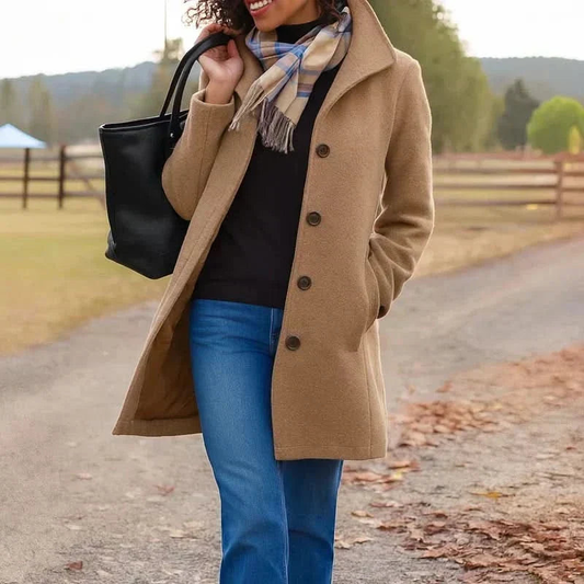 Manteau long femme droit à col montant boutonné – Marron