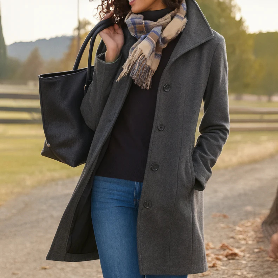 Manteau long femme droit à col montant boutonné – Foncé