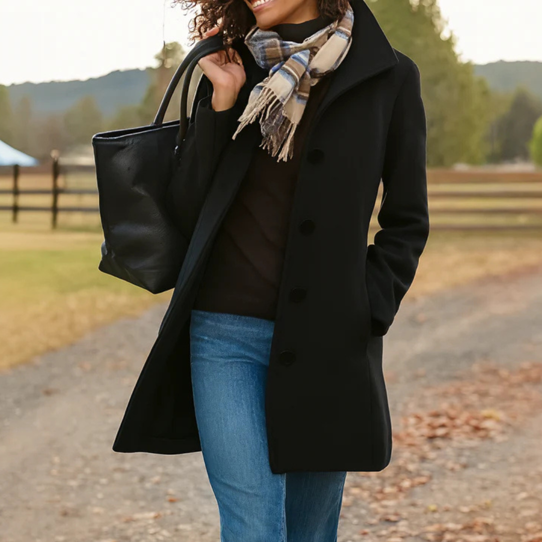 Manteau long femme droit à col montant boutonné – Noir
