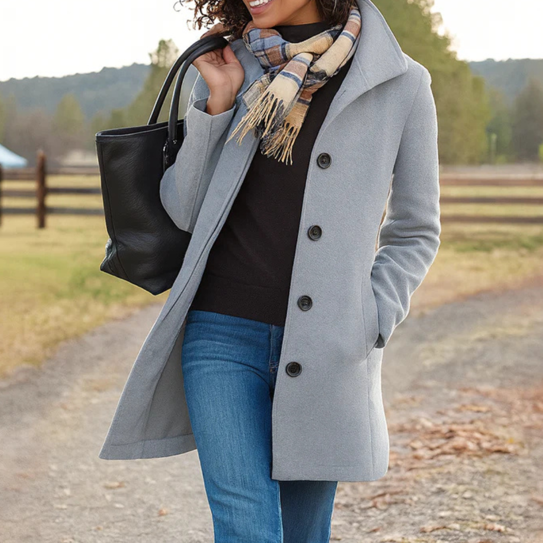 Manteau long femme droit à col montant boutonné – Gris