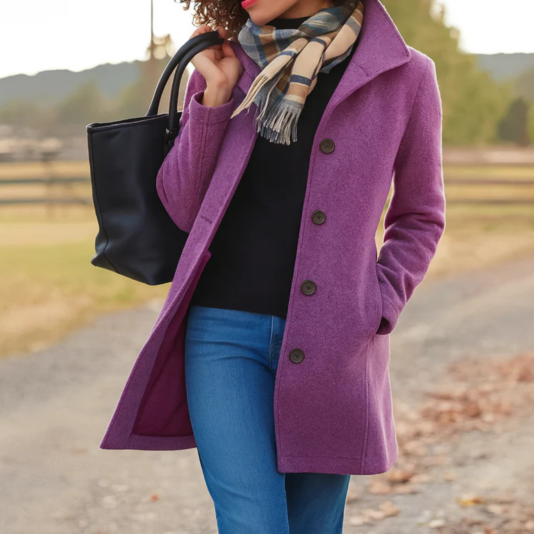 Manteau long femme droit à col montant boutonné – Violet