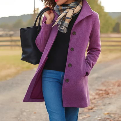 Manteau long femme droit à col montant boutonné – Violet