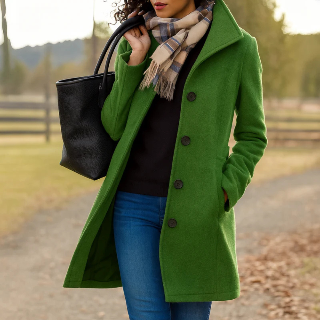 Manteau long femme droit à col montant boutonné – Vert
