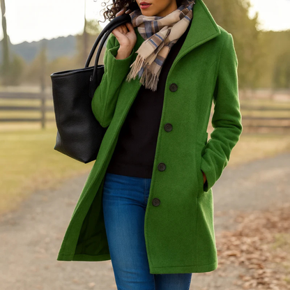Manteau long femme droit à col montant boutonné – Vert