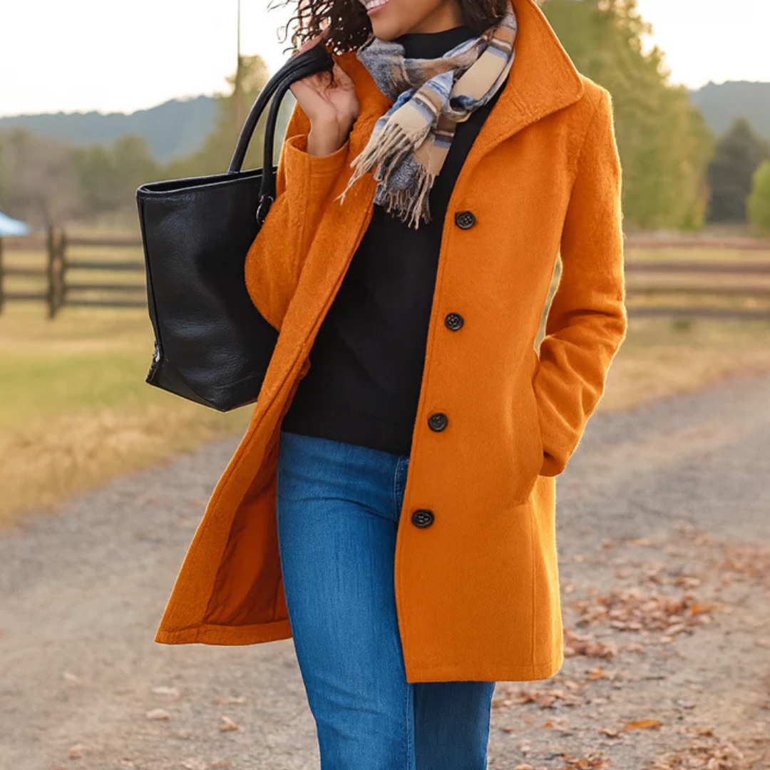 Manteau long femme droit à col montant boutonné – Orange