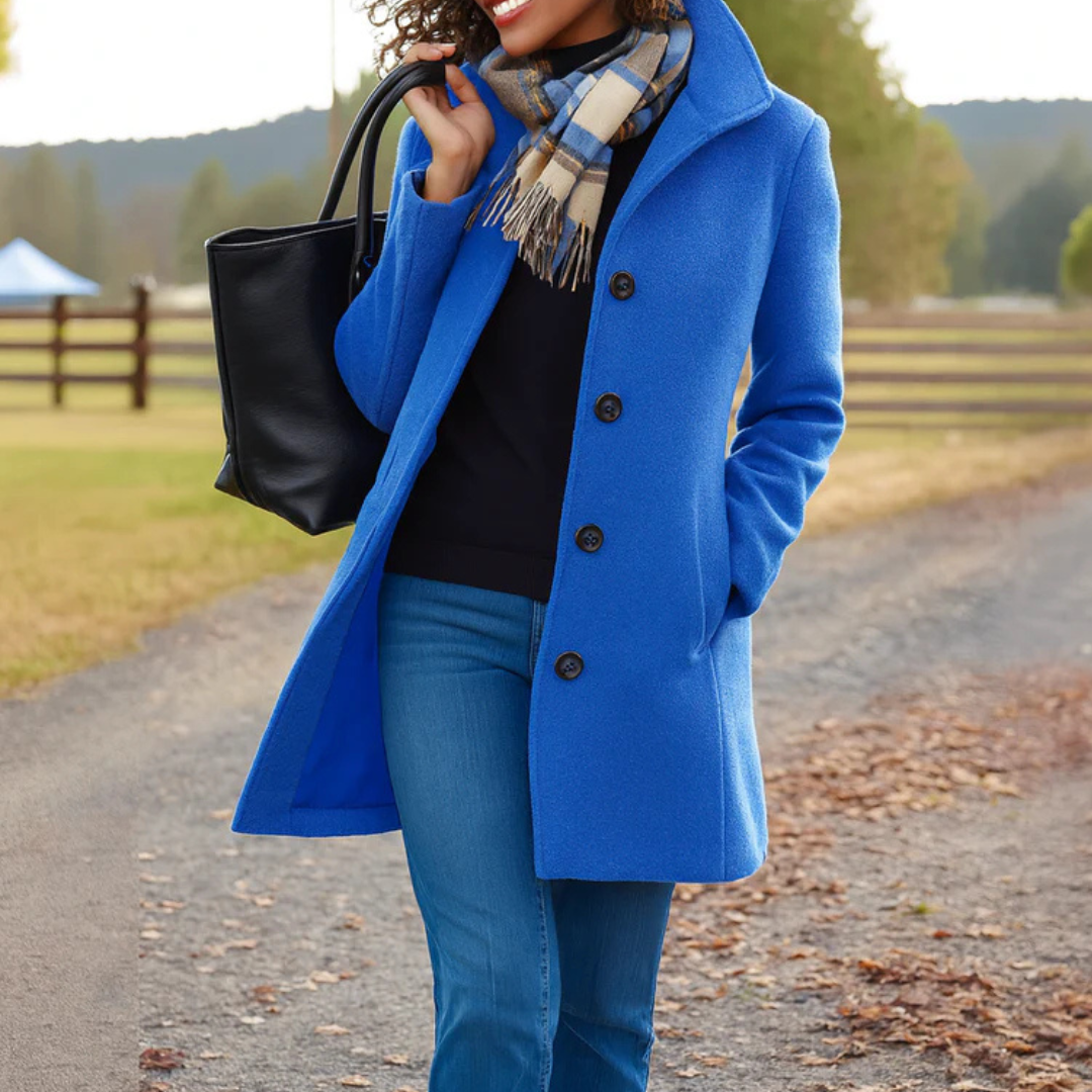 Manteau long femme droit à col montant boutonné – Bleu