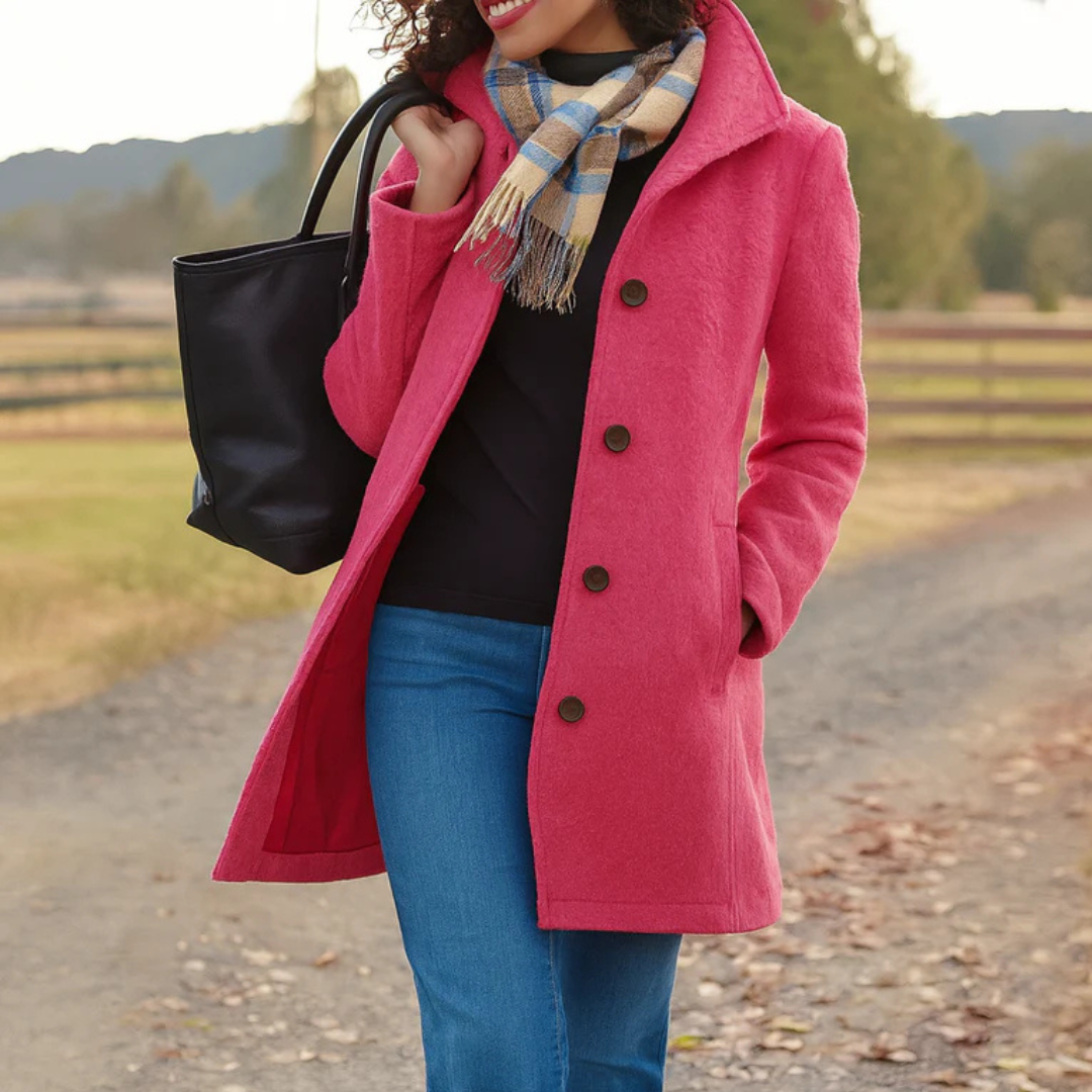 Manteau long femme droit à col montant boutonné – Rose