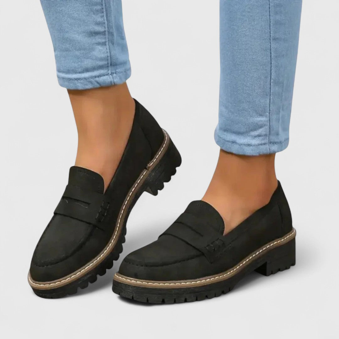 Mocassins femme à plateforme et semelle crantée, bride penny – Noir