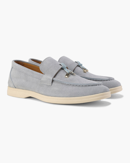 Mocassins femme effet daim à surpiqûres délicates – Bleu brume