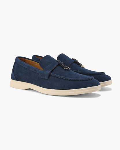 Mocassins femme effet daim à surpiqûres délicates – Bleu marine
