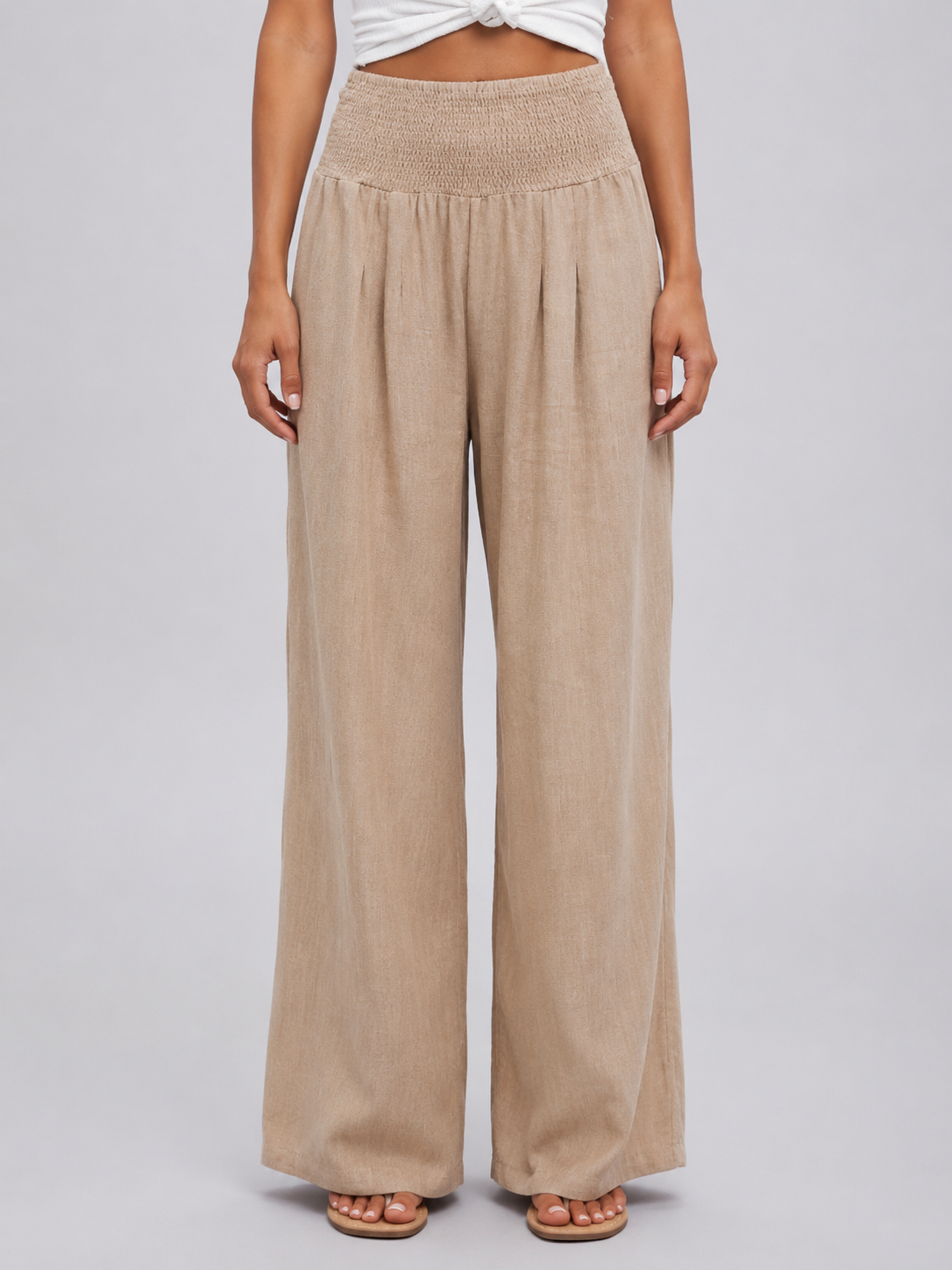Pantalon à pinces femme large à taille smockée – Beige
