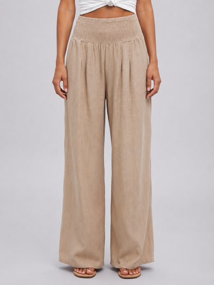 Pantalon à pinces femme large à taille smockée – Beige
