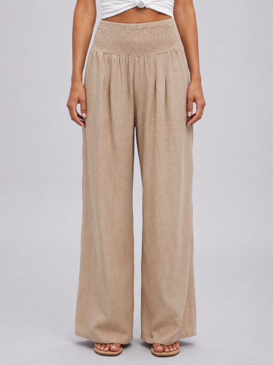 Pantalon à pinces femme large à taille smockée – Beige