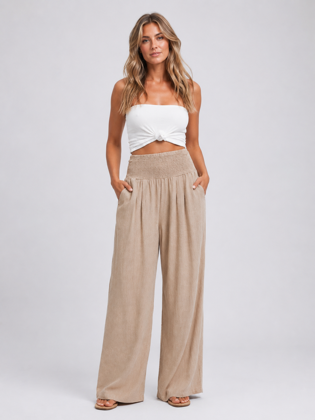 Pantalon à pinces femme large à taille smockée