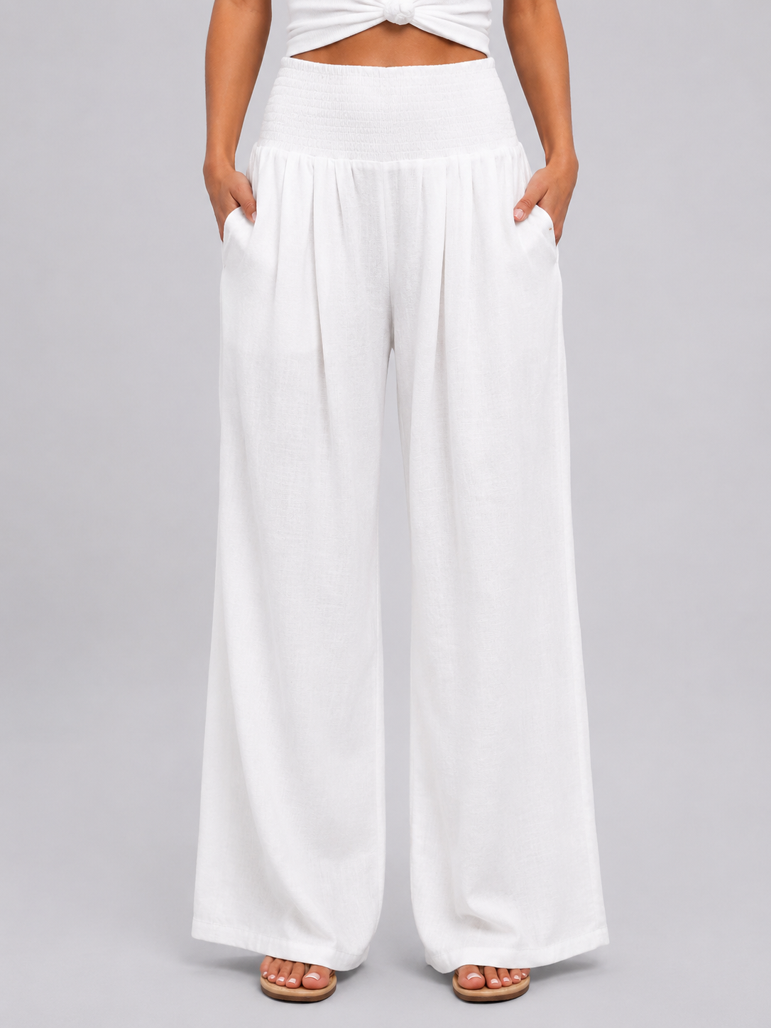 Pantalon à pinces femme large à taille smockée – Blanc