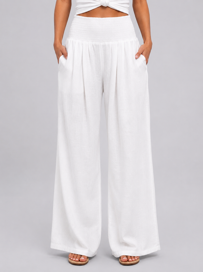 Pantalon à pinces femme large à taille smockée – Blanc