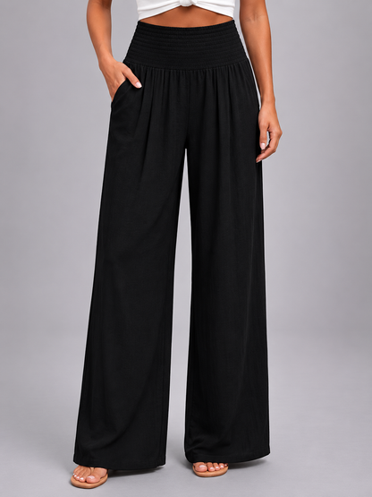 Pantalon à pinces femme large à taille smockée – Noir