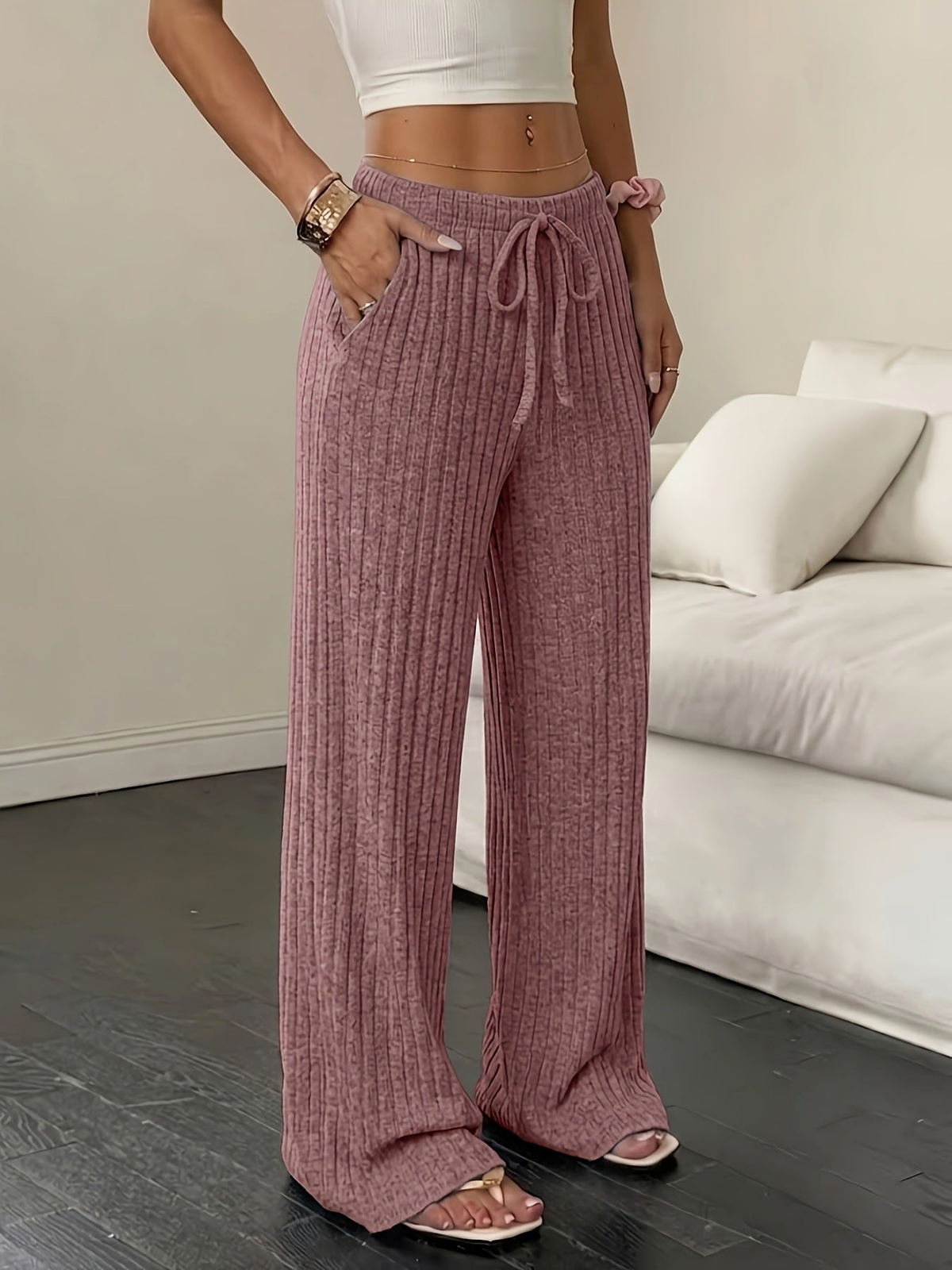 Pantalon côtelé femme en maille à jambes larges – Rose