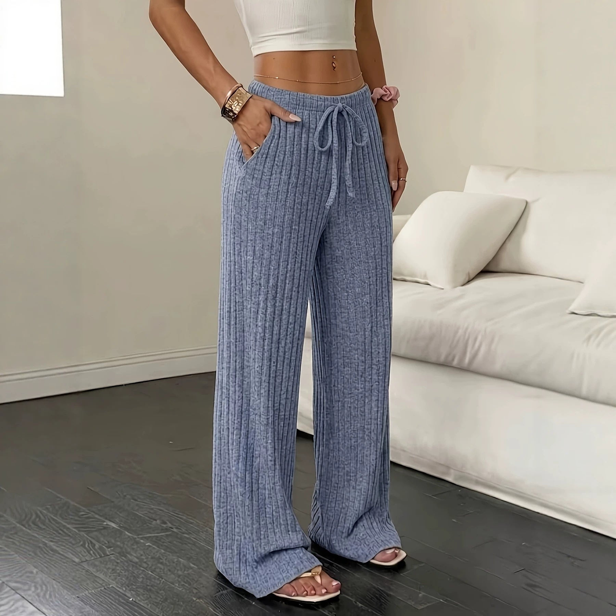 Pantalon côtelé femme en maille à jambes larges