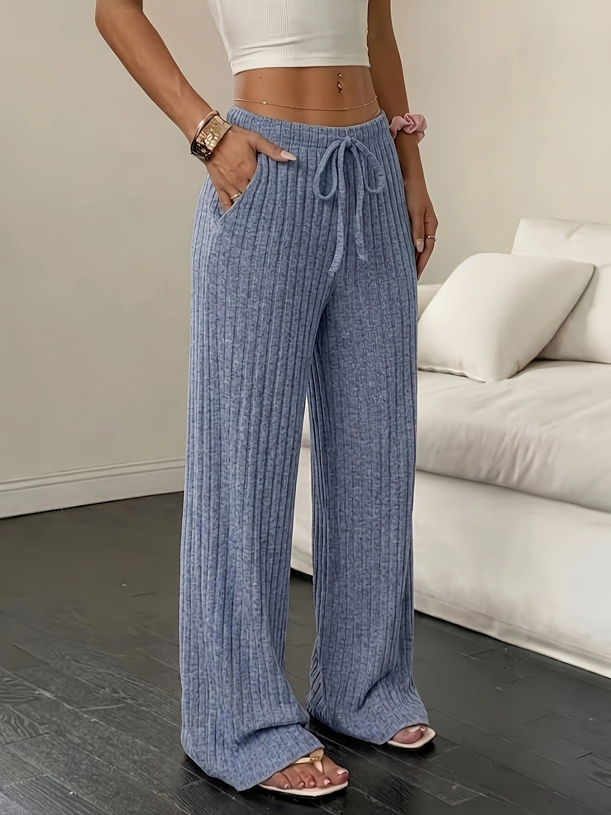Pantalon côtelé femme en maille à jambes larges – Bleu clair
