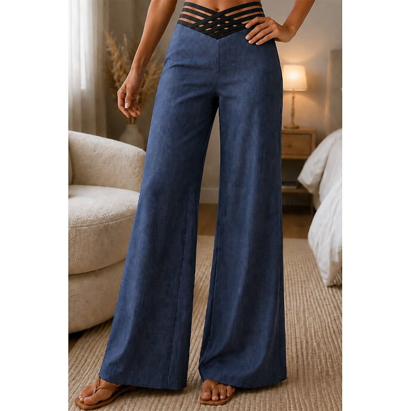Pantalon fluide femme taille haute à ceinture croisée – Bleu roi