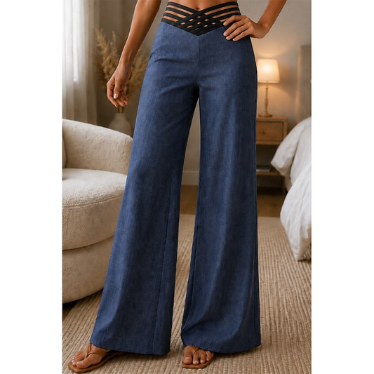 Pantalon fluide femme taille haute à ceinture croisée – Bleu roi