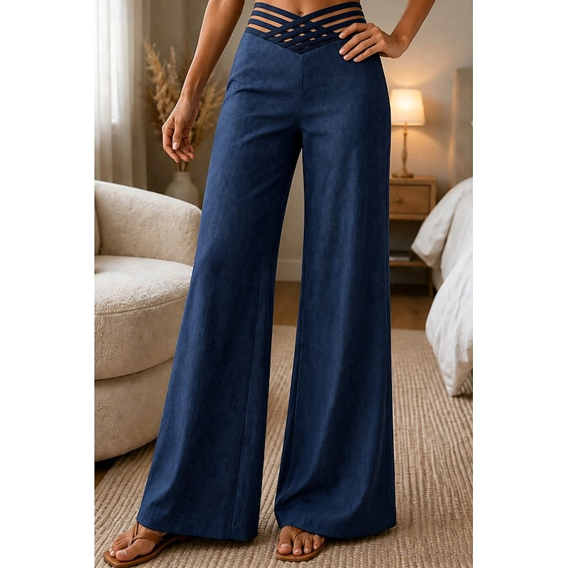 Pantalon fluide femme taille haute à ceinture croisée – Bleu marine