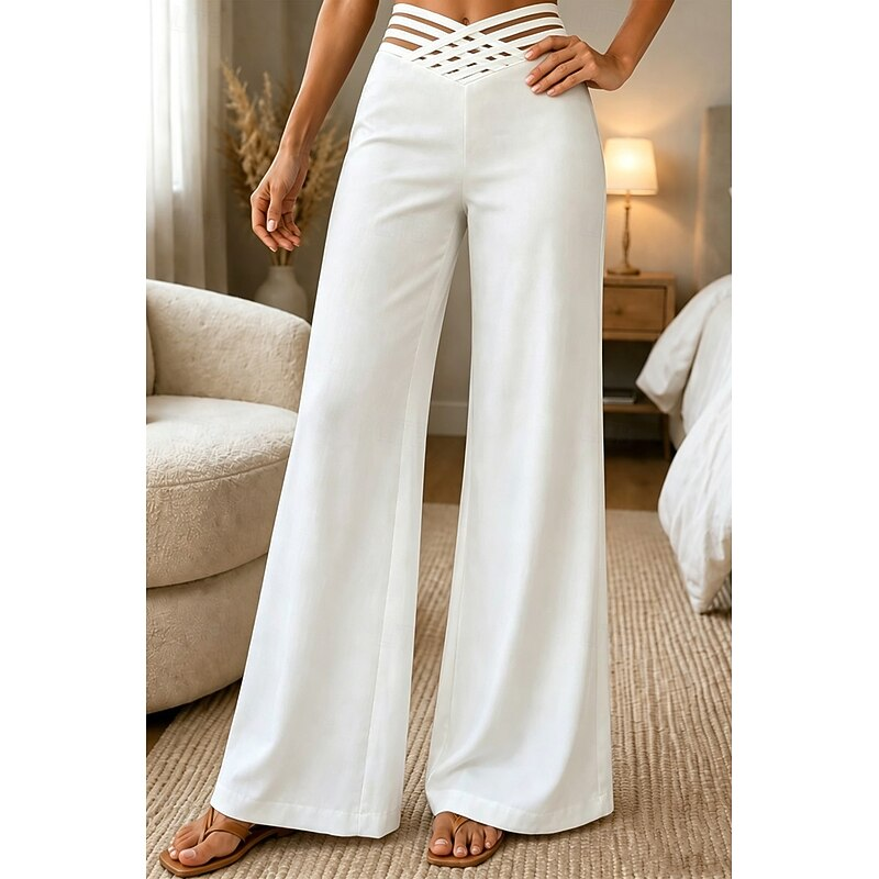 Pantalon fluide femme taille haute à ceinture croisée – Blanc