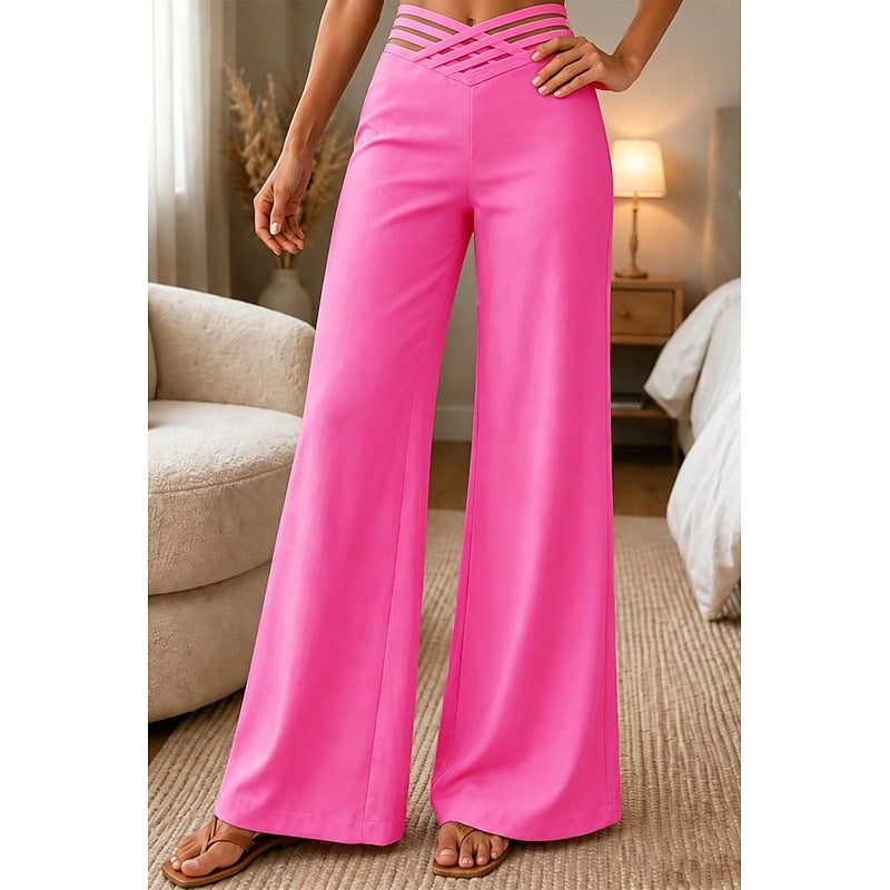 Pantalon fluide femme taille haute à ceinture croisée – Fuchsia