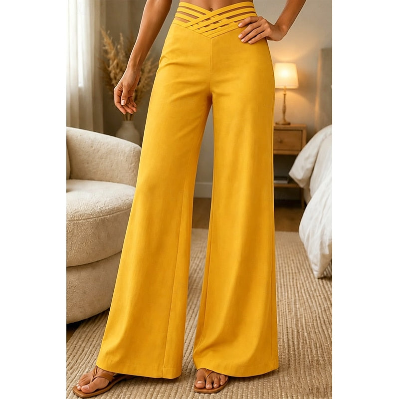 Pantalon fluide femme taille haute à ceinture croisée – Jaune