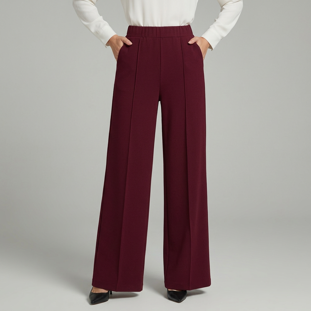 Pantalon large femme plissé taille haute et jambe fluide – Bordeaux