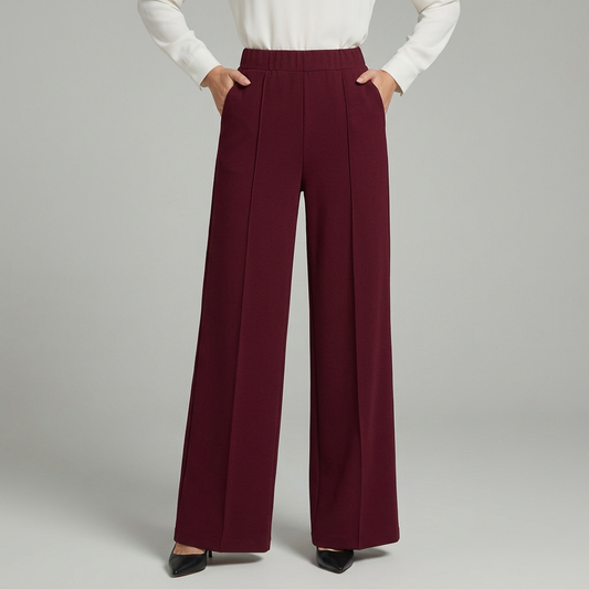 Pantalon large femme plissé taille haute et jambe fluide – Bordeaux