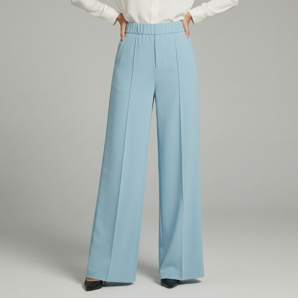 Pantalon large femme plissé taille haute et jambe fluide – Bleu ciel