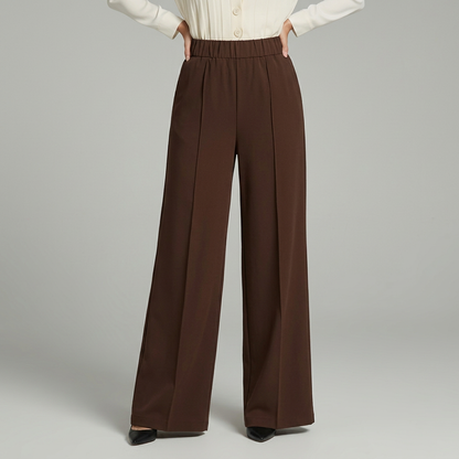 Pantalon large femme plissé taille haute et jambe fluide – Marron
