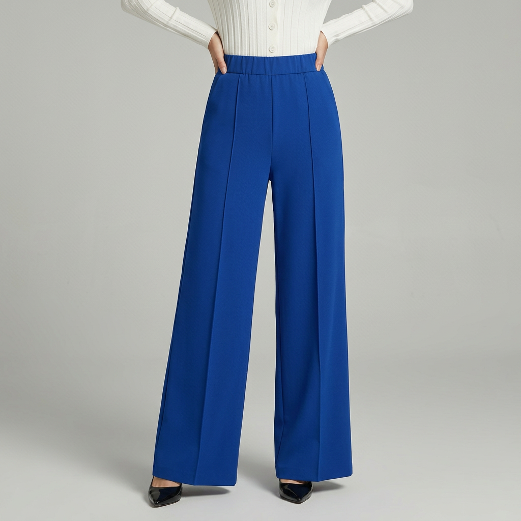 Pantalon large femme plissé taille haute et jambe fluide – Bleu
