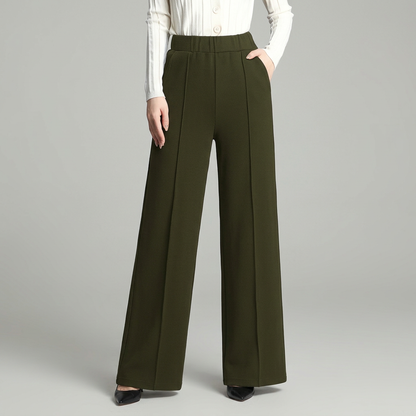 Pantalon large femme plissé taille haute et jambe fluide – Vert olive