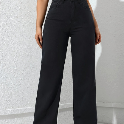Pantalon large femme taille haute à poches et coupe fluide – Noir