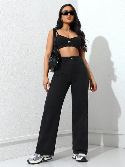 Pantalon large femme taille haute à poches et coupe fluide