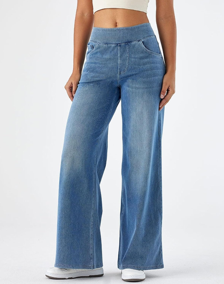 Pantalon taille haute femme élastique et confortable – Bleu clair