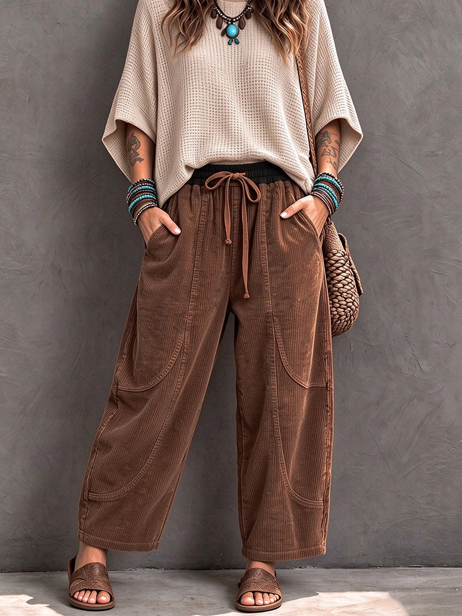 Pantalon velours femme côtelé coupe sarouel à taille élastique – Marron