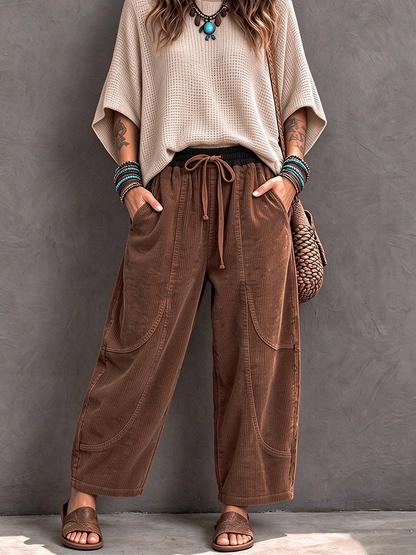 Pantalon velours femme côtelé coupe sarouel à taille élastique – Marron