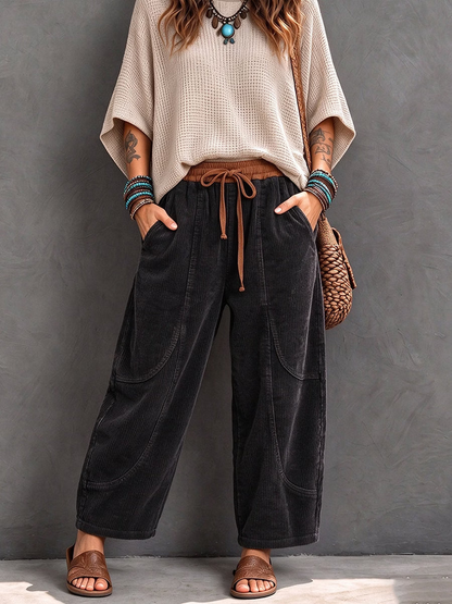 Pantalon velours femme côtelé coupe sarouel à taille élastique – Noir