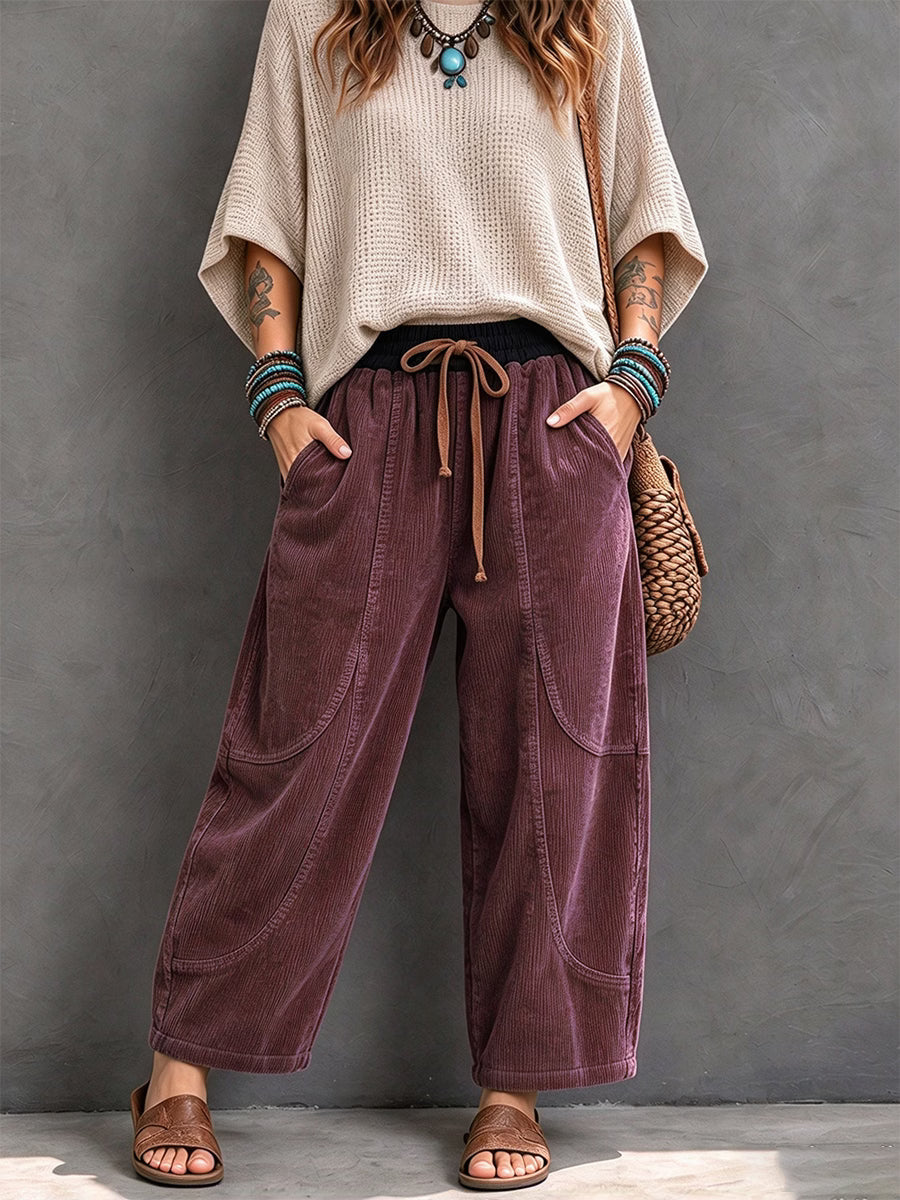 Pantalon velours femme côtelé coupe sarouel à taille élastique – Rouge