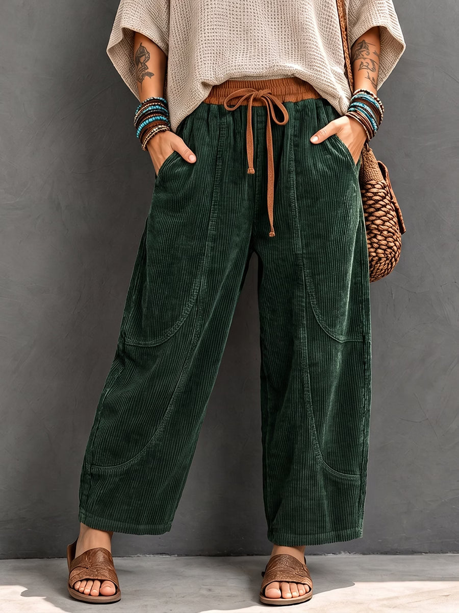 Pantalon velours femme côtelé coupe sarouel à taille élastique – Vert foncé