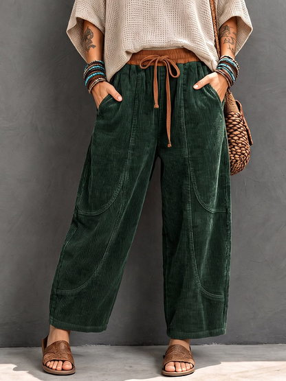 Pantalon velours femme côtelé coupe sarouel à taille élastique – Vert foncé