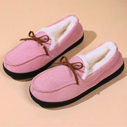 Pantoufles femme fourrées à nœud et doublure moelleuse – Rose