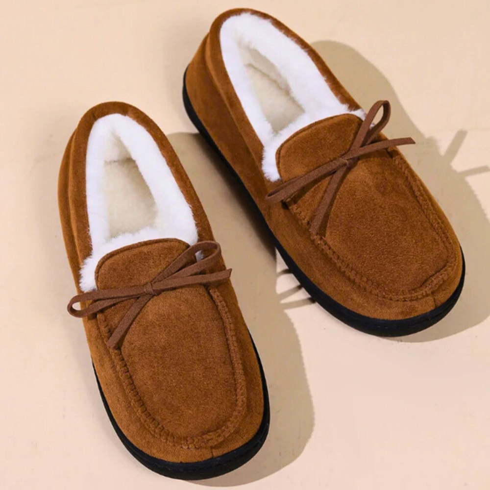 Pantoufles femme fourrées à nœud et doublure moelleuse – Marron