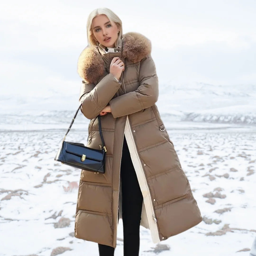 Parka femme à capuche bordée de fausse fourrure – Marron