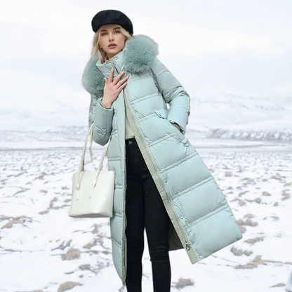 Parka femme à capuche bordée de fausse fourrure – Bleu