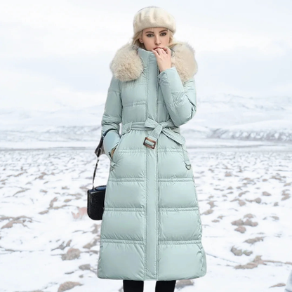 Parka femme à capuche bordée de fausse fourrure – Bleu et blanc
